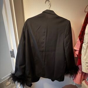Black Feather-Trim Women's Blazer Jacket